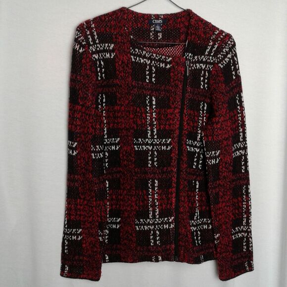 Chaps Womans  Medium Asymetrical Zip Up Sweater Red Black White - Picture 1 of 3